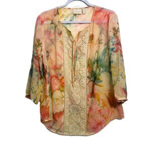Chicos Blouse Ladies sz 2 Pastel Water Colors 3 / 4 Sleeves Lace Panel
